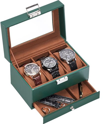 ProCase Watch Box for Men, 3 Slot Watch Display Case with Drawer, Mens Watch Case With Glass Lid, 2-Layer Jewelry and Watch Storage Watch Holder Organizer for Men Women -3 Slot, MidnightGreen