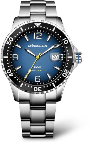 MOEMTON Deep Sea Series Herrenuhr, automatische mechanische Uhr für Männer, drehbare Lünette, Edelstahlband, 100 m wasserdicht (Modell: M136.BSSA01), blau, Berggipfel
