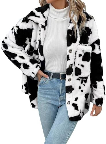 Plüschjacke Damen mit Kapuze Warm Winterjacke Niedlich Kühe Drucken Jacken Teddy Wolljacke Autumn Winter Langarm Pullover Reißverschluss Mantel Outwear mit Tasche Mode Costumes Warm