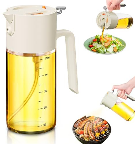 VOMEP 2-in-1 Oil Sprayer for Cooking Oil, 500ml/17oz Glass Olive Oil Bottle,Oil Mister for Cooking, Salad, Air Fryer and Grill (White)