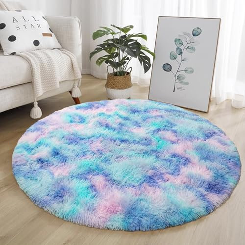 AIMECO Schlafzimmer Bereich Teppich, (Durchmesser 120cm) Flauschigen Teppich, Nachttisch Shag, Wohnzimmer, Kinderzimmer, Mädchen Schlafzimmer, Tie-dye grünlich-violett