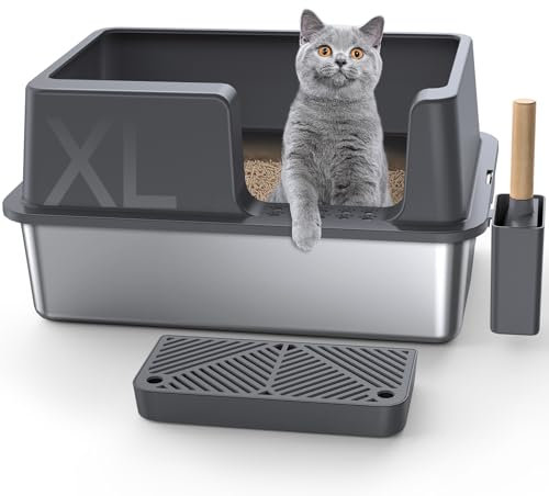 Gimars XL Stainless Steel Cat Litter Box 60x40x31cm, Easy to Clean & No Odour Stainless 36L High Sided Steel Litter Tray, Leak-Proof Cat Litter Trays with Scoop & Pedal