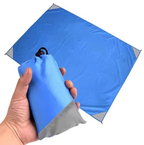 WLHFDC Mini Picknickdecke mit 4 Befestigung Ecken,Ultraleicht Tragbare Stranddecke,Campingdecke,Picknickdecke Wasserdicht Sanddicht OutdoorDecke für Strand,Picknick,Camping und Wandern 140x200cm(Blau)