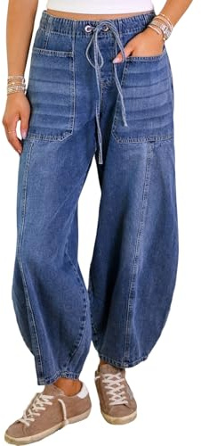 SANSIWU Women Baggy Jeans Elastic Waist Tie-up Wide Leg Balloon Barrel Denim Trousers Vintage Loose Fit Harem Pants with Pockets Streetwear (Blue A, M)