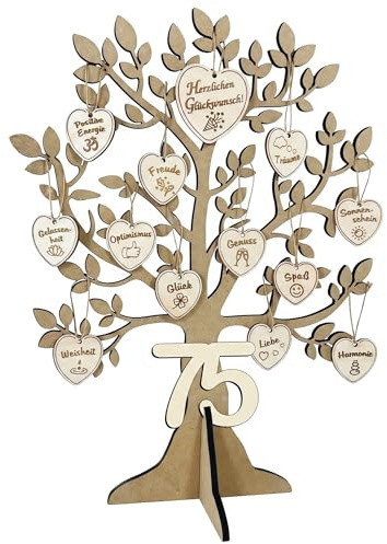 Lebensbaum zum 75. Geburtstag + 16 Wünsche-Herzchen - optional mit Holzkarte - Geschenk & Dekoration für Mama, Papa, Oma & Opa
