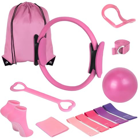 YANGUN 11 Articoli Kit Pilates, Set Pilates, Kit Yoga per l'allenamento A Casa, Set di Anelli E Palline, Fasce di Resistenza E Molto Altro Ancora, Perfette per Attrezzature Domestiche Yoga (Pink)