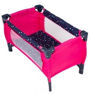 Lit Parapluie de Poupee Pliant 56 x 32 x 33 cm, Tissu Rose Coeurs - lit de Voyage Luxe Pliable - Set Accessoire Couchage Poupon et Carte Offerte