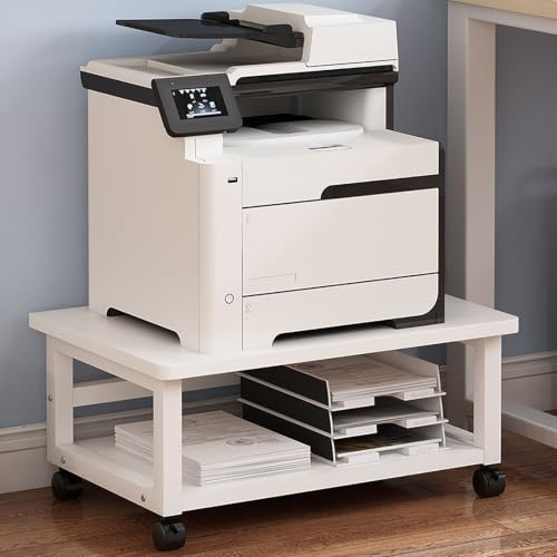 Druckertisch mit Rollen, Platzsparender Druckerwagen mit Regalboden für Zuhause & Büro, Mobiler Druckerständer unter dem Schreibtisch, Mit Feststellrollen, Einfach zu montieren(White,W 50cm/19.6in)