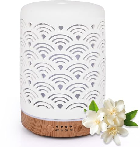 Glovios Aroma Diffuser, 250 ml Keramik Luftbefeuchter Duftöl Diffuser, Essential Oil Diffuser mit 7 Farben LED, Timer, Diffusor für Schlafzimmer Wohnzimmer Büro, Wasserlose Abschaltautomatik