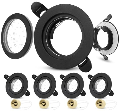 Laiebri 4er LED Einbaustrahler 230V IP65 Rahmen mit GU10 Fassung, LED Spots Badezimmer Ultra Flach 58-75mm Lochmass, Rund Aluminium GU10 Einbaurahmen Einbauleuchten Einbauspots, Deckenspots Schwarz