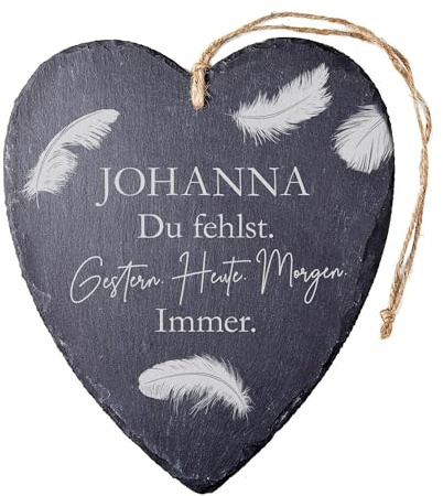 Casa Vivente Schieferherz mit Gravur zur Trauer, Du fehlst, Grabschmuck Herz aus Schiefer mit Jutekordel, Trauerherz personalisiert mit Name, Gedenkstein mit Feder-Motiv, Trauergeschenk