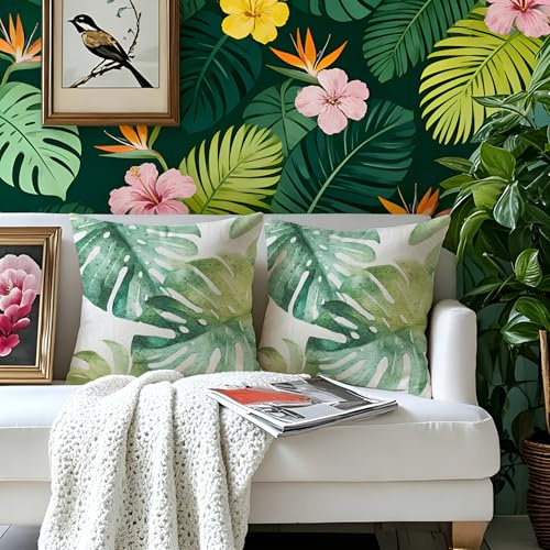 Gnoxaris Outdoor Kissenbezug Wasserfest Outdoor Kissen Wetterfest Dekorative Gartenkissen 45x45 cm Monstera Blätter Wasserdicht Kissenbezüge 2er Set für Garten Sofa Wohnzimmer Bett