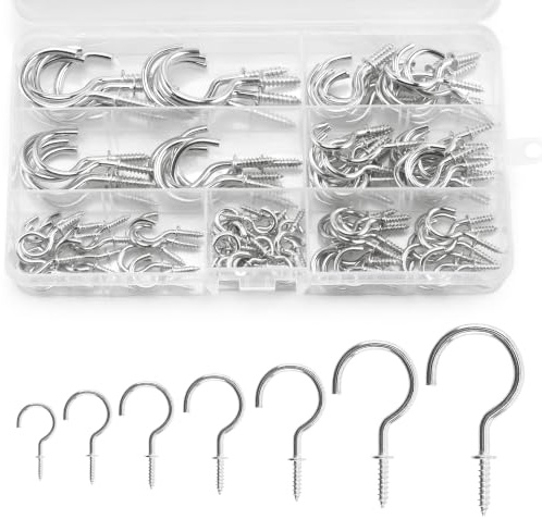 KINGLAKE 115 Pcs Silver Screw in Hooks (7 Sizes), Mug Cup Hooks Wall Ceiling Hook for Wood, Under Cupboard, Cabinet Shelf, Hanging Plant and Kitchen Utensils