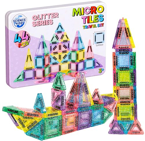 Science Kidz 44-Piece Glitter Series Mini Magnetic Tiles Travel Tin Set | Magnet Building Tiles & Tin - Magnetic Shapes For Kids - Aeroplane Activities Travel Toys For Girls - Travel Magnetic Tiles
