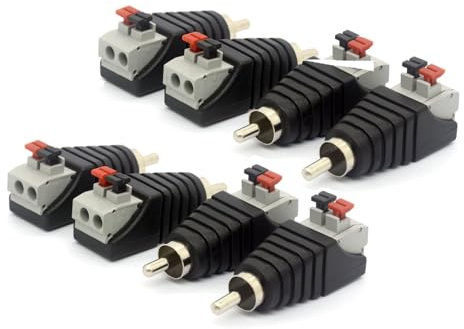 RCA to Speaker Wire Adapters 8 Pack - Spring Press Balun Phono Plug Connectors for CCTV, Home Audio & Subwoofer | Gold Plated RCA Male to AV Screw Terminal Adapter | Premium Audio Video Conversion