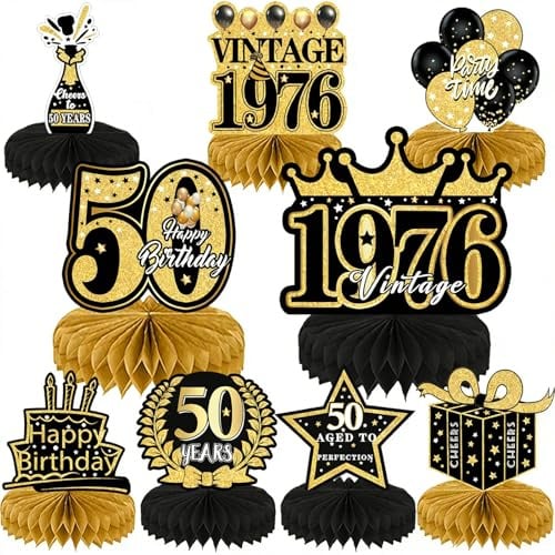 KiKiHong 9 Pcs Deko 50. Geburtstag Mann,Tischdeko 50 Geburtstag | Schwarze Goldene 50 Geburtstag Deko Waben-Mittelstück für Geburtstagsparty-Dekoration,Männer und Frauen