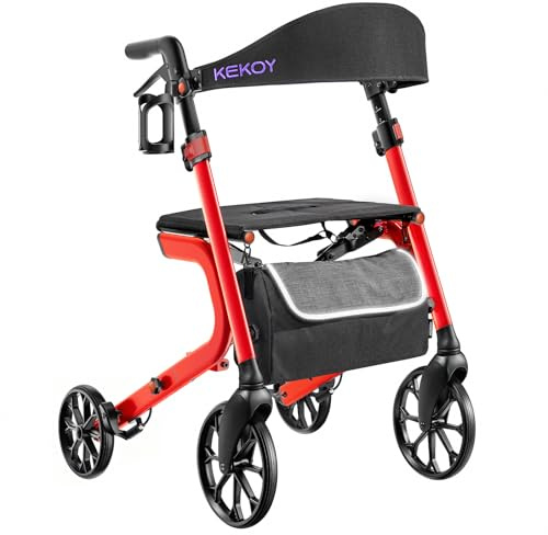 Kekoy Rollator faltbar und leicht mit Sitz für Senioren, 181 kg Traglast | Auf allen Geländen. Aluminium höhenverstellbarer Outdoor Rollator mit 44 cm Sitzkissen, Lehne, Stauraum & Becherhalter, Rot