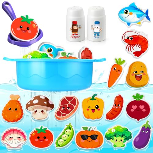 Bath Soup Pot & Float Foam Food, Baby Bath Toys for 1 2 3 4 Year Olds Kids | Toddler Mould Free Bath Toys,Swimming Paddling Pool Toys Water Play Toys for Boy Girl,No Mould Foam Food Stick to Tiles,20Pcs