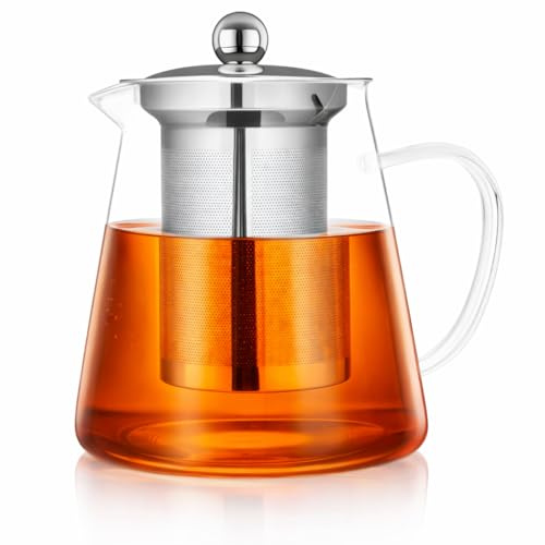 WarmTeaset Round Glass Teapot with Infuser - 950ML Borosilicate Tea Kettle, Heat Resistant Strainer,Transparent Pot for Loose Leaf & Flower Tea