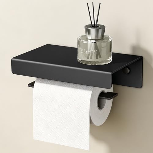 doporro Toilettenpapierhalter mit Ablage, WC Klopapierhalter Schwarz | WC Papier Halterung mit L-förmigen Haken, Klorollenhalter zum Bohren, Toilettenpapier Halterung aus Aluminium für Bad Lino-05
