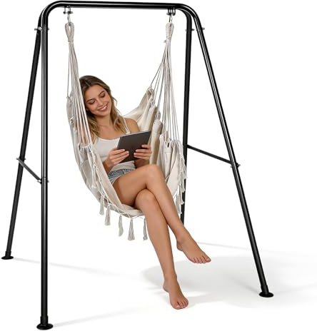 Heavy-Duty Hammock Chair with Stand, Handwoven Hanging Chair with 2 Soft Cushions, Reinforced Metal Frame, Stable Base, 330lbs Capacity - Easy Assembly for Patio, Balcony, Garden Indoor Outdoor