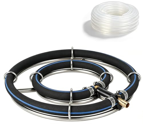 Aérateur solaire pour étang 2-en-1 en acier inoxydable 304 avec anneau de ventilation φ25cm et tuyau de 5m, pierre à bulles pour étang pour une forte enrichissement en oxygène dans les étangs de