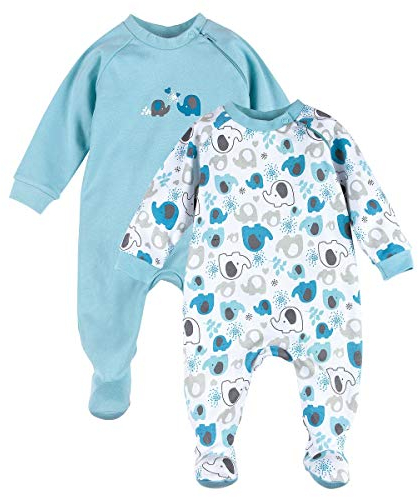 Bornino Basics - Schlafoverall Set 2er-Pack blau - für Babies - seitlicher Reißverschluss Einteiler - Allover Elefanten-Print - Reine Baumwolle - Größe 86