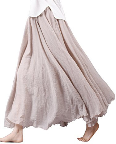 Damen Maxirock Baumwolle Lange Rock Tellerrock Doppelt Schicht Elastischer Bund für Freizeit Urlaub Strand - Dunkel Beige Länge 85cm