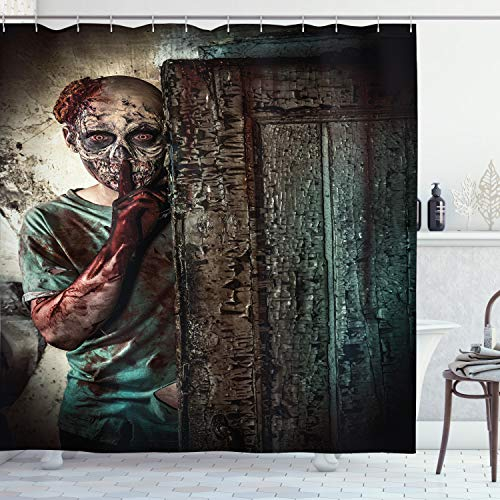 ABAKUHAUS Zombie Duschvorhang, Schlechte Augen Monster, Stoffliches Gewebe Badezimmerdekorationsset mit Haken, 175 x 200 cm, Umber Teal Tan