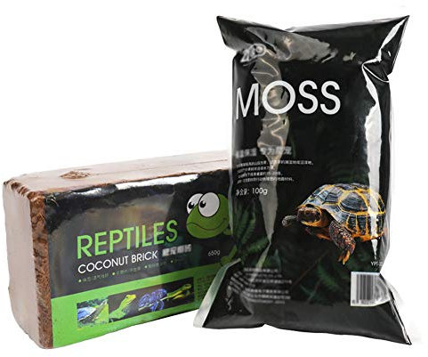 OMEM Reptilien-Kokosziegel, getrocknetes Moos-Set, Glasbehälter, Bettwäsche-Matte, Pad, Schildkröte, warmer Winterschlaf, Haustierbedarf (1 Kokoserde + 1 Moos)