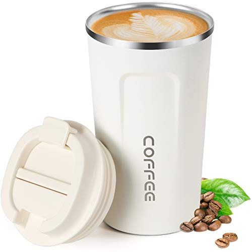18oz (510ml) Vacuum Insulated Travel Mug, Smilatte Leakproof Double Wall Stainless Steel Reusable Coffee Cup with Lid for Hot & Cold Drinks, Matte Texture White