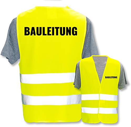 Bedruckte Marken-Warnwesten mit Leuchtstreifen * Standard- o. Reflex-Druck * Baugewerbe, Warnweste Begriffe Bau Gewerbe:Bauleitung, Farbe + Größe:Gelb (M/L)