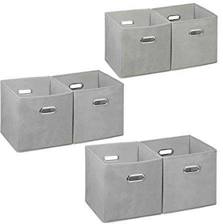 6 x Aufbewahrungsbox, Regalkorb ohne Deckel, Faltkiste mit Griff, Regalbox faltbar, Stoffbox quadratisch, 30 cm, grau