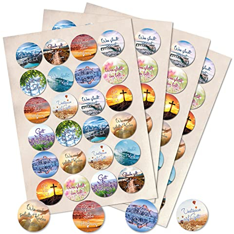 Spruchaufkleber, 96er Set: Runde Sticker mit Sprüchen, Aufkleber Rund, Spruch Gott & Glaube, Geschenkaufkleber Sprüche, Religiöse Geschenke, Zum Aufkleben, Kirche, Kommunion & Taufe, ⌀ 4 cm