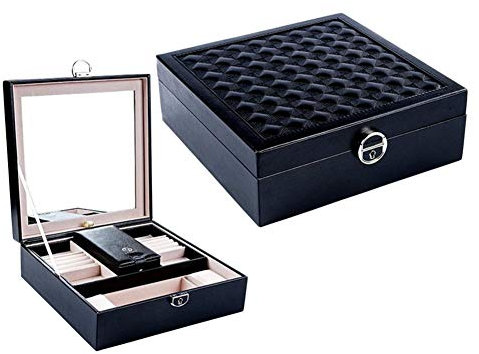 DAIHAN Schmuckkästchen Schmuckkasten Holz Schmuckkoffer Kosmetikkoffer Schmuck-Organizer mit Innenspiegel, 6 Fächer, Abschließbar,Schwarz