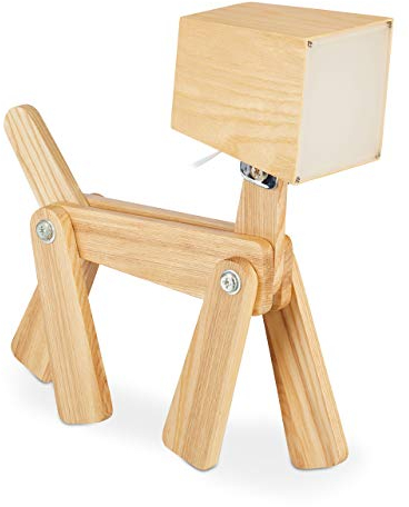 Relaxdays Tischlampe Hund, individuell verstellbar, Tischleuchte Kinderzimmer, LED Nachttischlampe für Kinder, natur