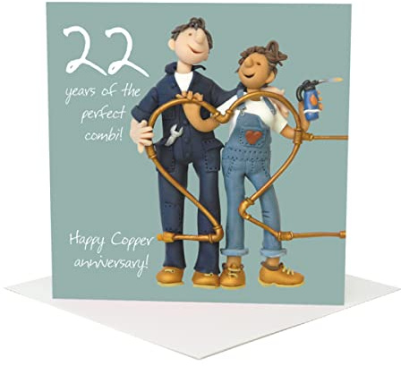 Holy Mackerel the perfect combi copper 22nd wedding anniversary card for a couple - designed by artist Erica Sturla - 15cm square and blank inside for your message - made in the UK