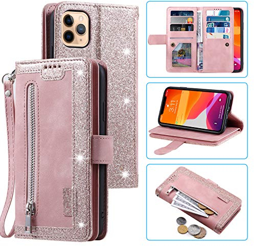 UEEBAI Wallet Case for iPhone 12 iPhone 12 Pro 6.1 inch, Retro 9 Card Holder Slots Zipper Pocket Handbag Case PU Leather Magnetic Closure Kickstand with Wrist Strap TPU Shockproof folio Case-Rose Gold