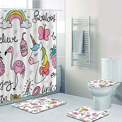 Fantasy Cartoon Einhorn Duschvorhang Für Mädchen 4 Stück Set Ananas Flamingo Kaktus Badezimmer Vorhang Badematte Teppich Home Decor Geschenk 180 * 180Cm