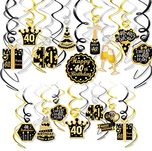 HOWAF 40. Geburtstag deko für Mann, 30 Stück Schwarz Gold 40. Geburtstag Hängend Wirbel Dekoration, 40. Geburtstag Hängedeko Deckenhänger Spiral Girlande für 40 Geburtstag Dekoration männer Frau