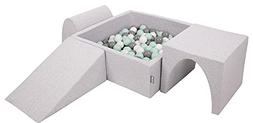 KiddyMoon Spielplatz Aus Schaumstoff Mit Quadrat Bällebad (200 Bälle) Ballgruben Für Babys Spielbad Hindernisläufen, Hergestellt In Der EU, Hellgrau:Weiß/Grau/Minze