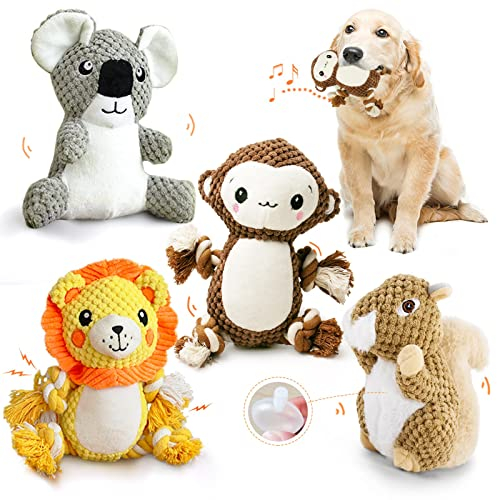 AWOOF Spielzeug für Hunde, 4 Pack Interaktives Plüsch Hundespielzeug, stabiles Hundespielzeug Quietschend mit Baumwollstoff, Kauknochenspielzeug für Welpen, kleine, mittelgroße