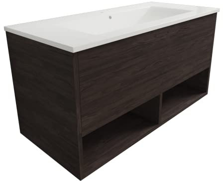 Atrios Modelo Bastet Conjunto Baño Estilo Madera con 1 Cajón, 2 Huecos y Lavabo Porcelánico, Mueble MONTADO, Suspendido en Pared, Laminado Castaño, 120 cm