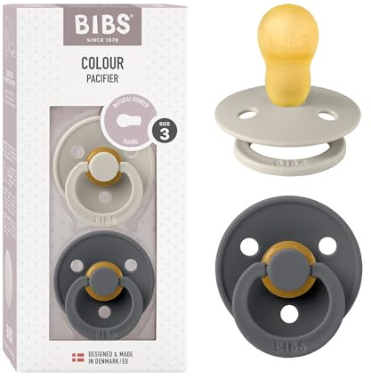BIBS Colour Dummy, 18-48 Months, 2-Pack, Round Teat, Sand/Iron | Natural Rubber Latex | Size 3 | BPA-Free | Made in Denmark | High Teat Acceptance | Airflow Holes | Comfort Shield