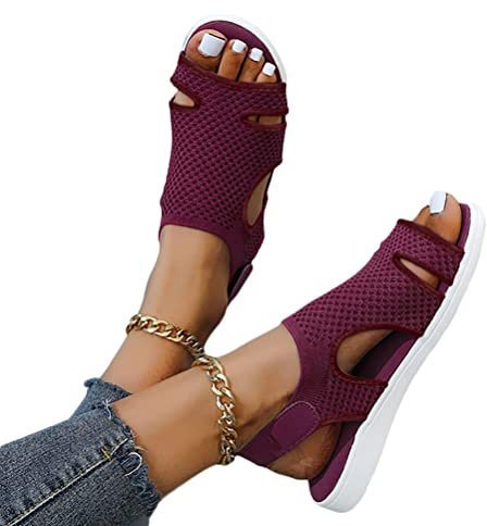 Onsoyours Sandalias para Mujer Cómodas Sandalias Estilo Vintage Elegantes Planas Ultraligeras Elásticas y Tejidas A Fucsia 43