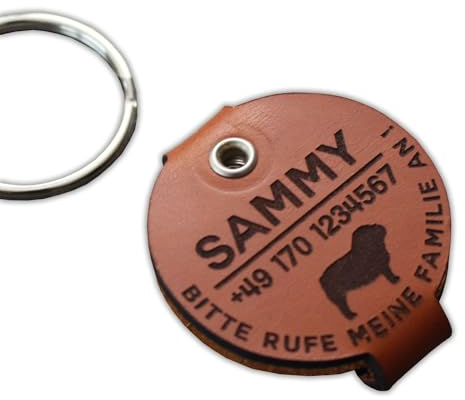 HUNDEMARKEN TASCHE - aus echtem Leder - v1- (NAME) - (TELEFON) - (HUND) - (TEXT) - rund - Ø 4,4 cm