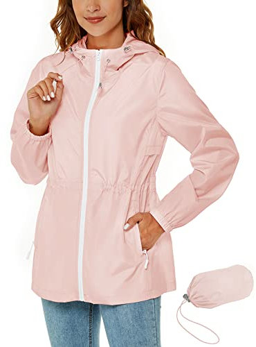 Rapbin Imperméable pour femmes, veste de pluie légère et pliable, avec capuche et poche, style trench-coat, rose, S