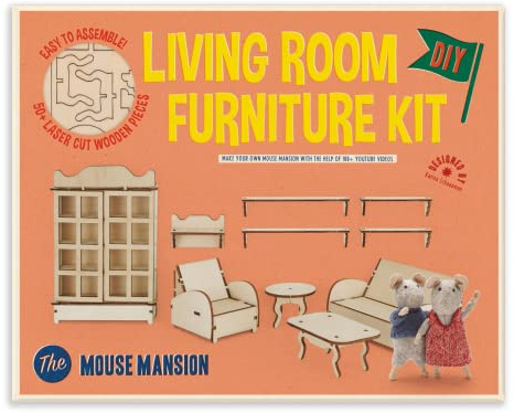 Sam & Julia - Bausatz Wohnzimmermöbel – Puppen-Möbel 1/12 fürs Puppenhaus oder für die Puppenstube zum selber basteln – Bastel-Set enthält: Mini-Sofa, Stuhl, Bestell-Tische und Schrank