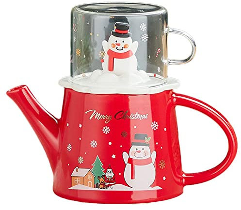 YBK Tech Christmas Series Tea for One Set, 15.5oz Ceramic Teapot and 7.5oz Glass Cup, Snowman Pattern (Red)