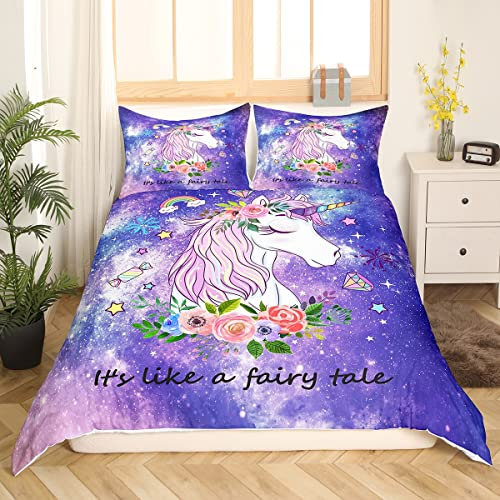 Einhorn Bettbezug 135x200 Mädchen Prinzessin Schlafzimmer Dekor Kawaii Regenbogen Einhorn Bettwäsche Set Cartoon Funkelnde Sterne Bettbezug Süßes Liebes Herz Muster Rosa Bettbezug mit 1 Kissenbezug